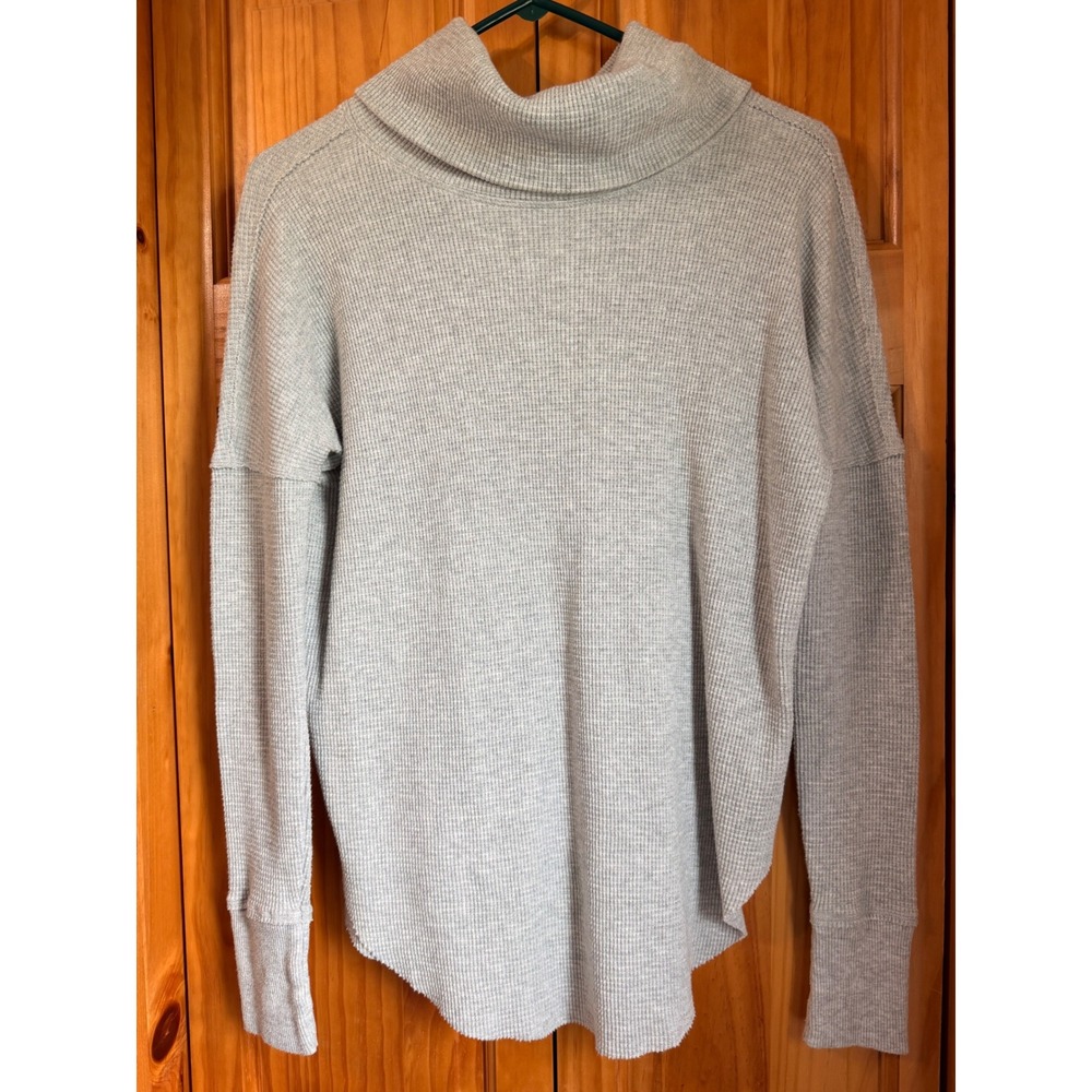 Aritzia Tna Thermal Waffle Knit Cowl Neck Top Grey Curved Hem Long Sleeve XS